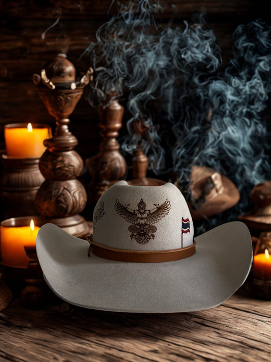 Chapeau Alpine Siam 70 X Beaver de Wilder Hat Co, en feutre beige avec ruban noir, porté sur un mannequin.