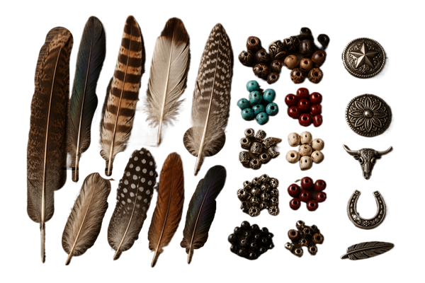 Plumes, perles, broches