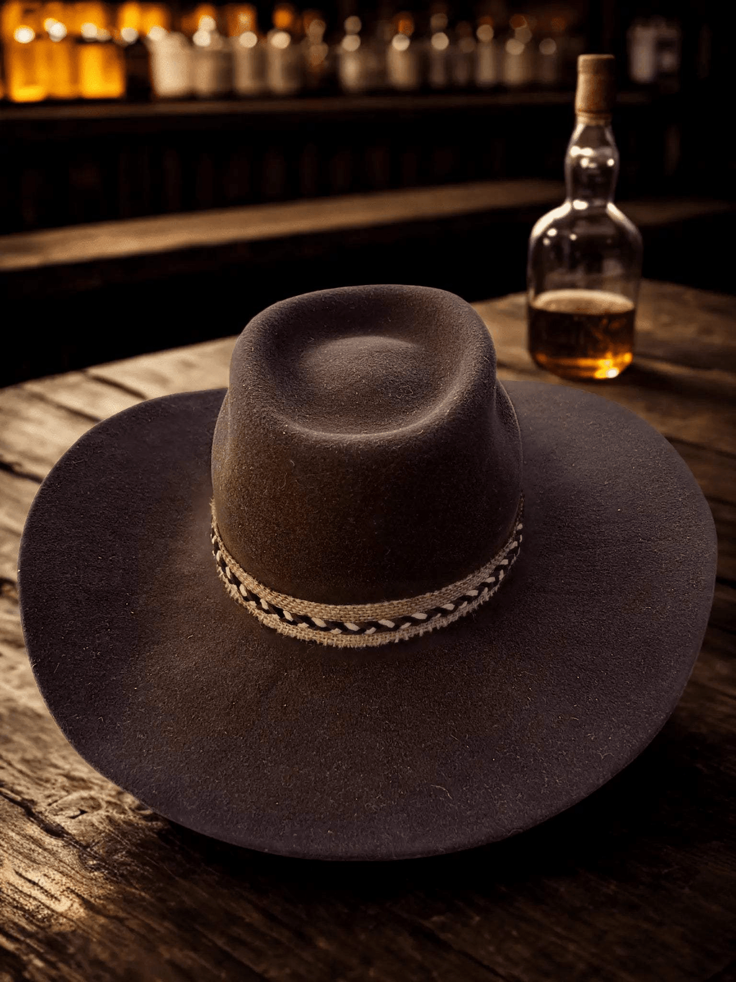 Chapeau Whiskey Ridge Rancher 2025 en feutre beige avec large bord, style cowboy élégant et robuste.