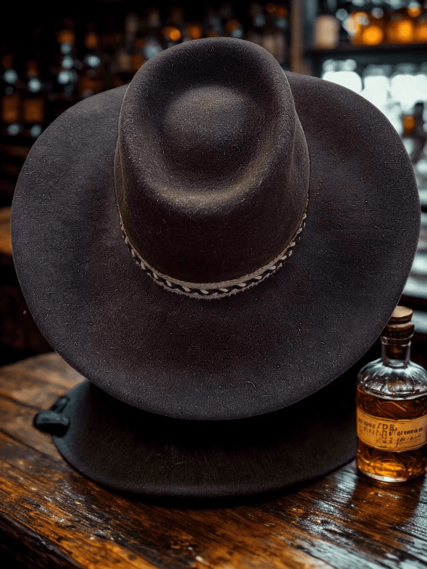 Chapeau Rancher Whiskey Ridge 2025 en feutre, style cowboy avec large bord, couleur marron foncé, vue de face.