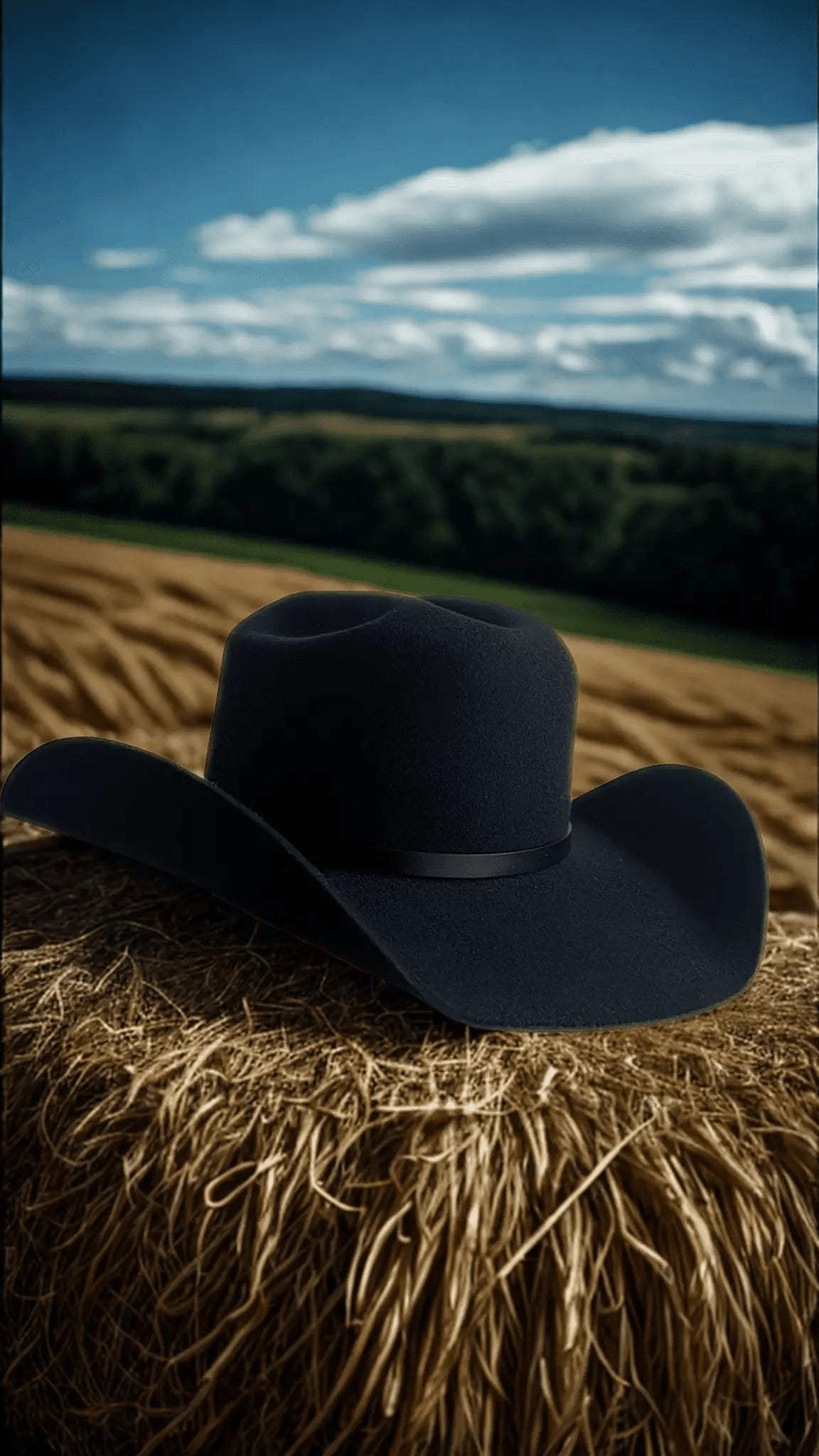 Chapeau noir Blackstone 9X de Wilder Hat Co. avec bande en tissu et bord large, vue de face.