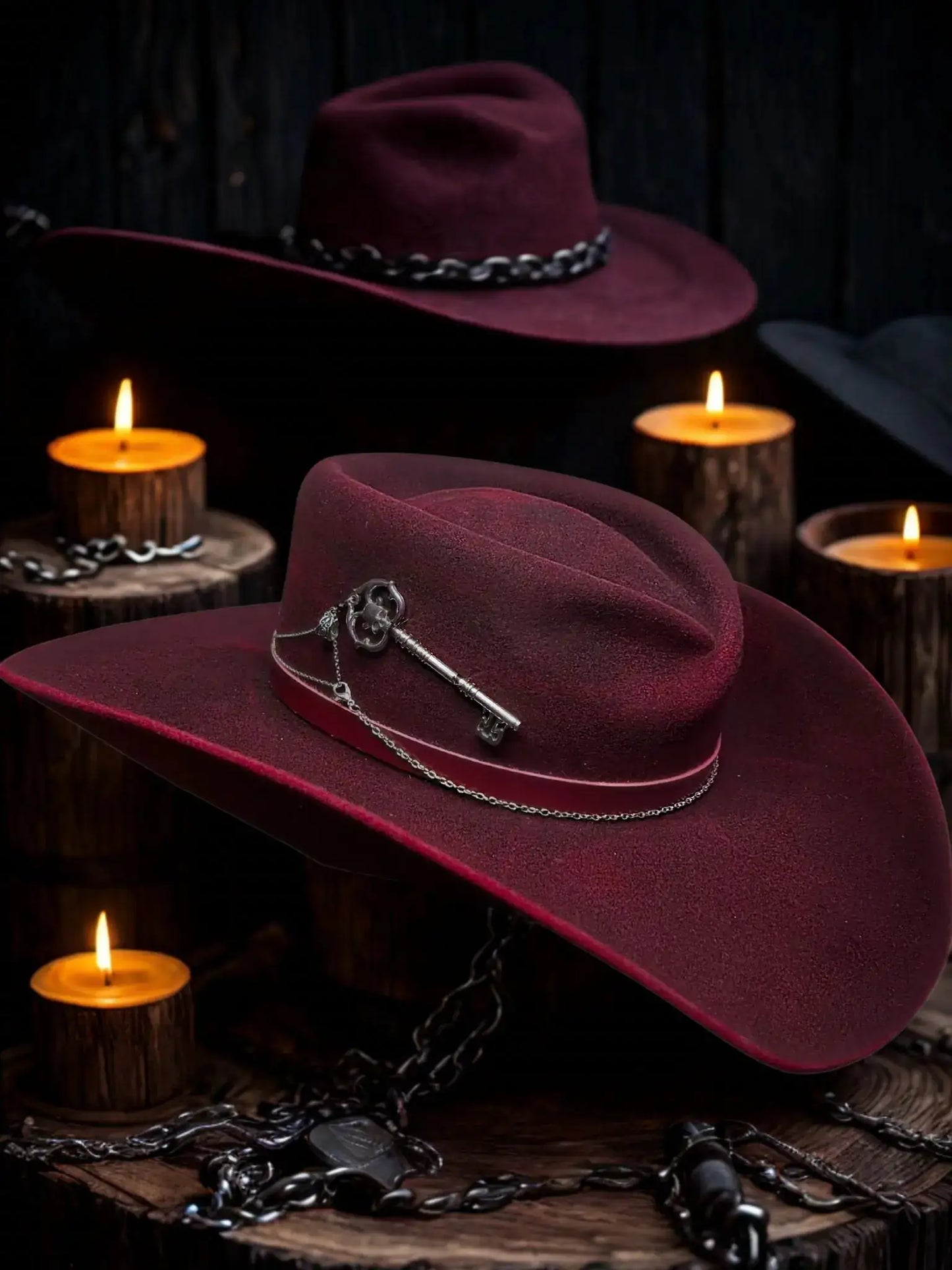 Chapeau 'La Tempête du Diable' de Wilder Hat Co, style diabolique avec motifs orageux, en tissu noir.
