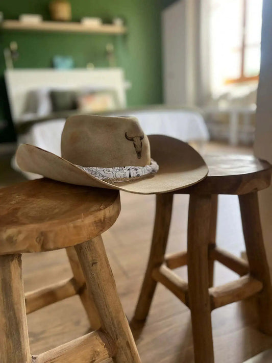 Chapeau Outlaw Trail en feutre avec large bord, style Far West, porté par un cowboy, dans un décor désertique.