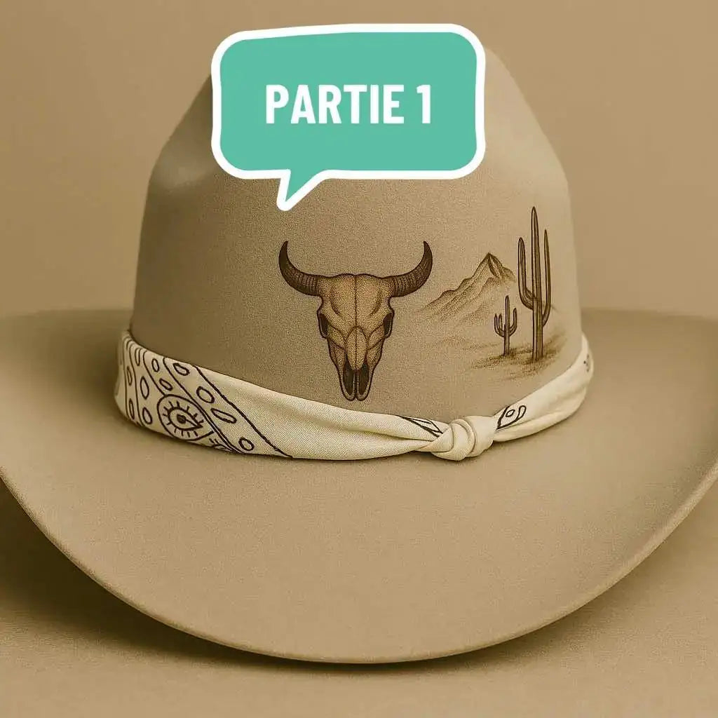 Chapeau Outlaw Trail de Wilder Shop, style Far West avec large bord, en tissu beige, parfait pour un look western authentique.