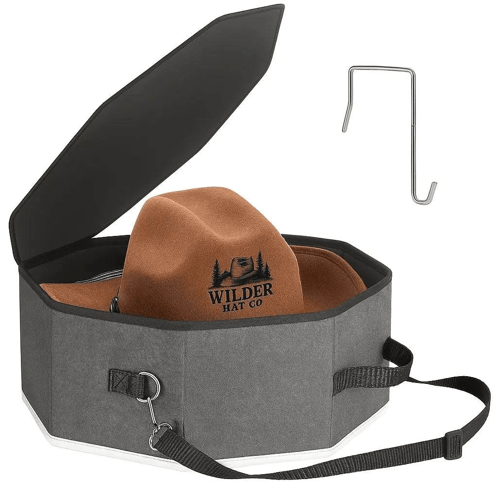 Boîte à chapeau Wilder Hat Co en carton rigide, idéale pour ranger ou transporter un chapeau élégant.