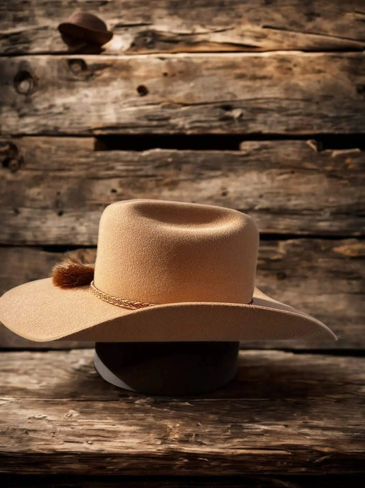 Chapeau Wild Horseshoe en cuir brun, style Far West, avec bord large et détails rustiques, parfait pour un look western authentique.