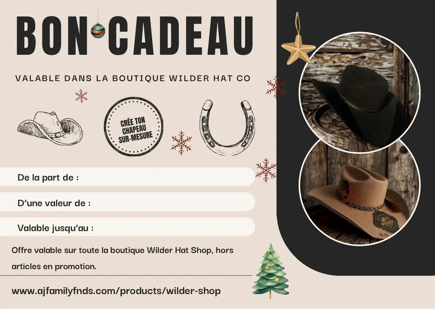 Carte cadeau de la marque Wilder Hat Co pour chapeau, idéale comme idée cadeau élégante et pratique.
