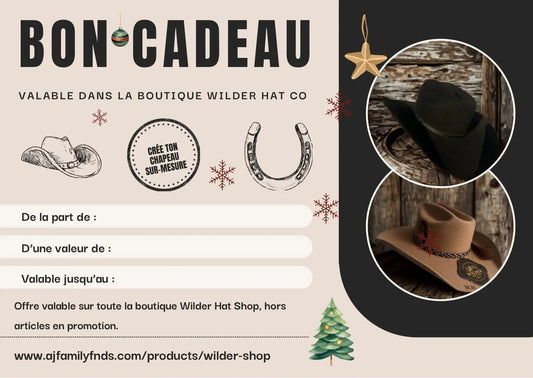 Carte cadeau de la marque Wilder Hat Co pour chapeau, idéale comme idée cadeau élégante et pratique.