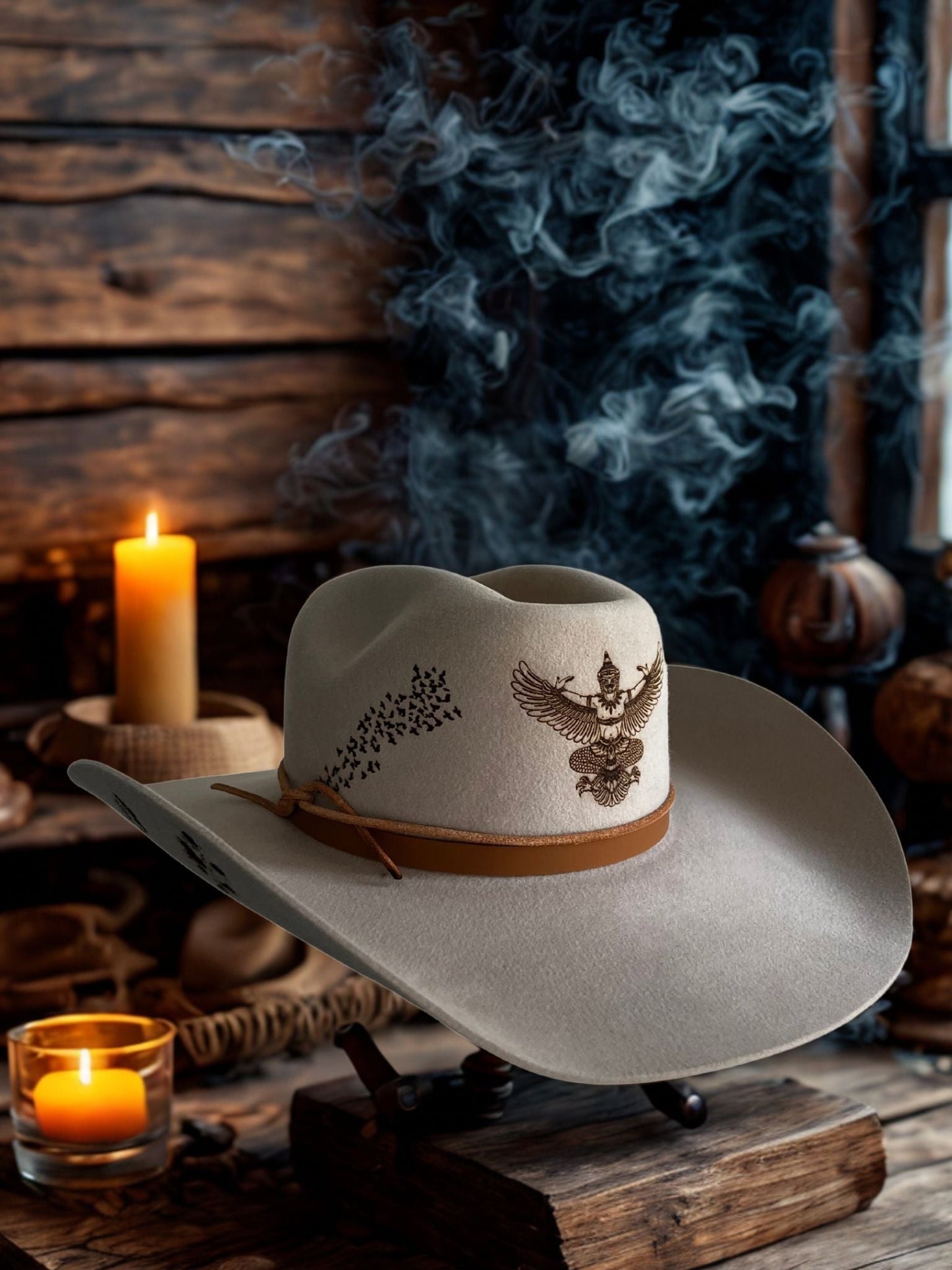 Chapeau Alpine Siam 70 X Beaver de Wilder Hat Co, finition en feutre beige avec bord large et bande noire, vue de face.