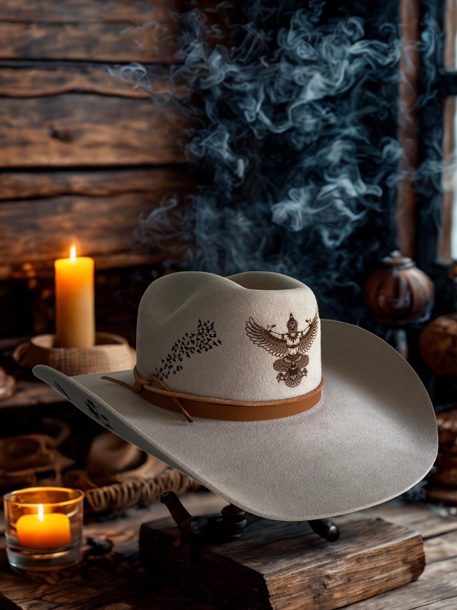 Chapeau Alpine Siam 70 X Beaver de Wilder Hat Co, finition en feutre beige avec bord large et bande noire, vue de face.