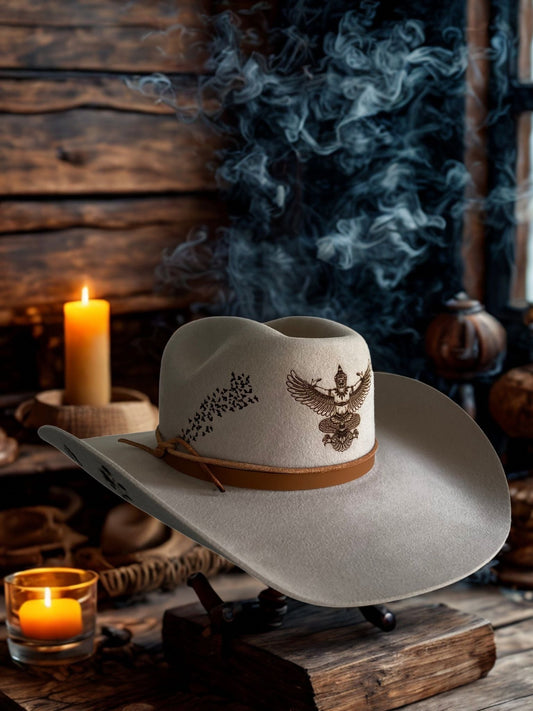 Chapeau Alpine Siam 70 X Beaver de Wilder Hat Co, finition en feutre beige avec bord large et bande noire, vue de face.