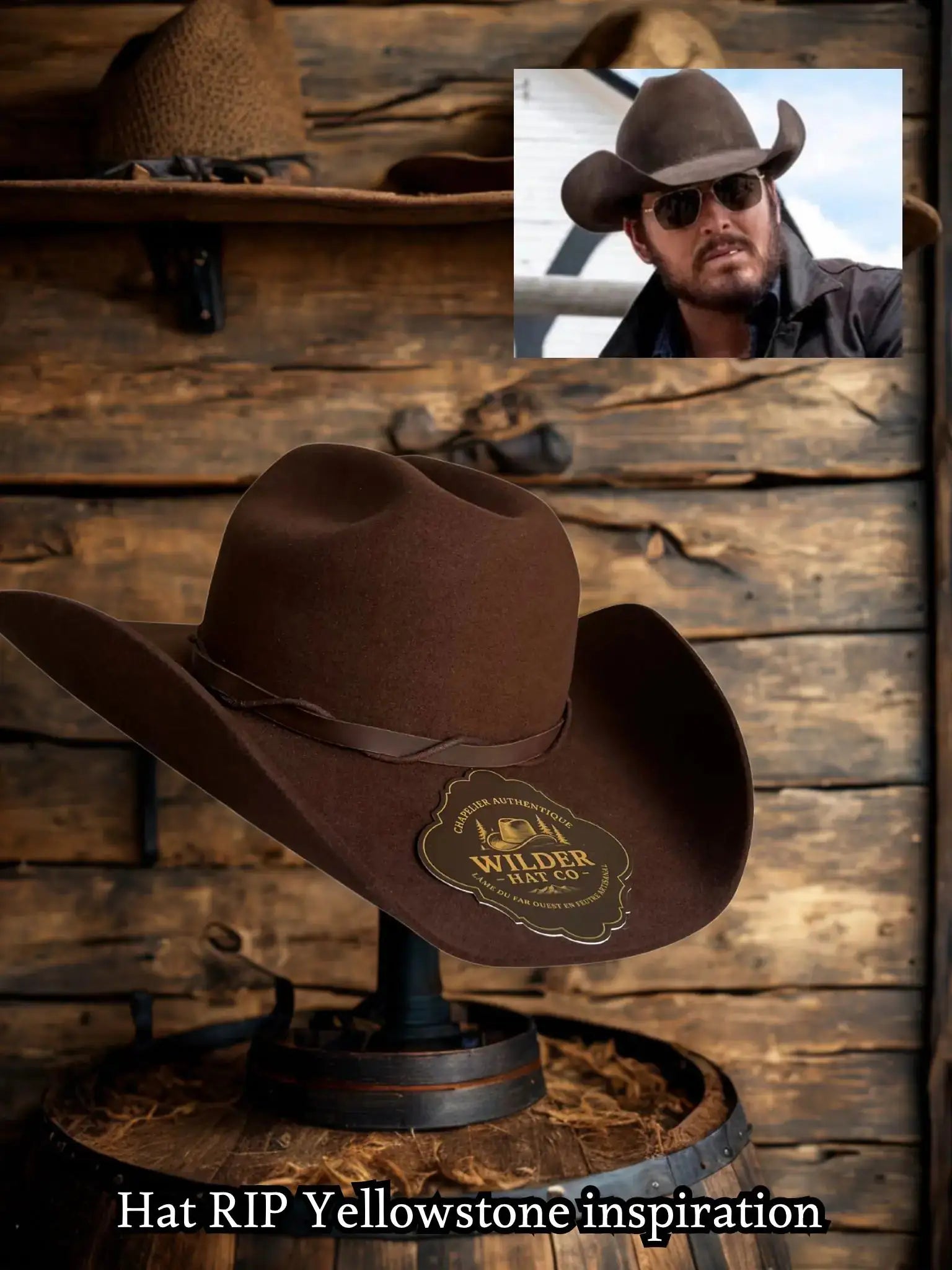 Chapeau RIP Yellowstone de Wilder Hat Co, style inspiré par la nature, en feutre beige avec bord large, vue de face.