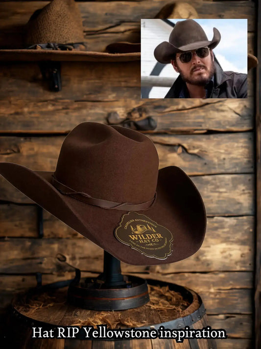 Chapeau RIP Yellowstone de Wilder Hat Co, style inspiré par la nature, en feutre beige avec bord large, vue de face.