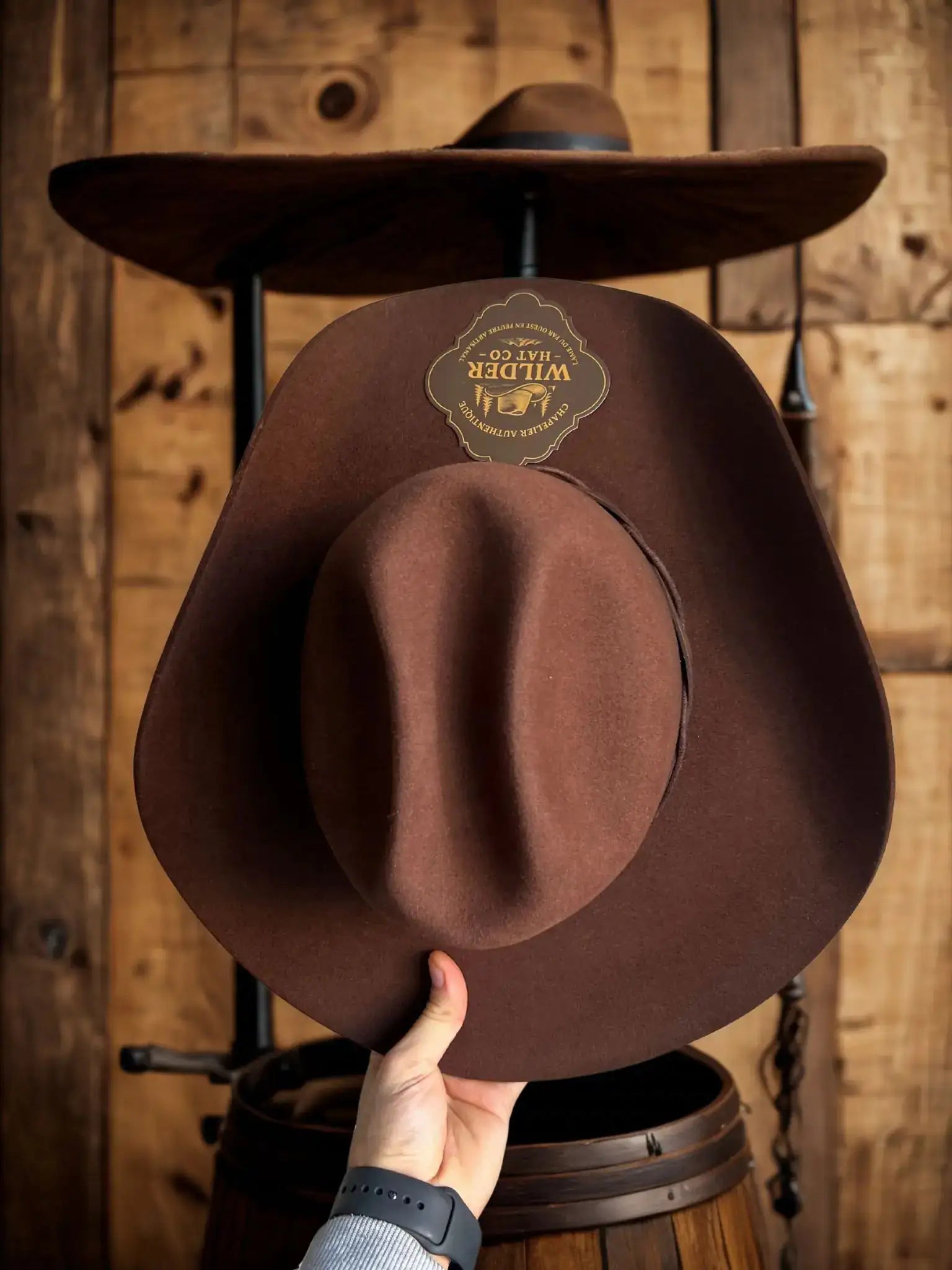 Chapeau RIP Yellowstone par Wilder Hat Co, style inspiré par l'aventure, en feutre brun avec bord large et bande décorative.