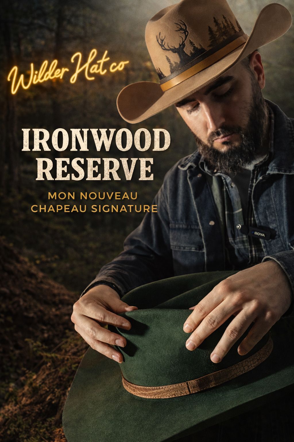 Chapeau en feutre Ironwood Reserve de Wilder Hat Co, vue de face, avec bande en cuir et finition élégante, porté sur une tête.