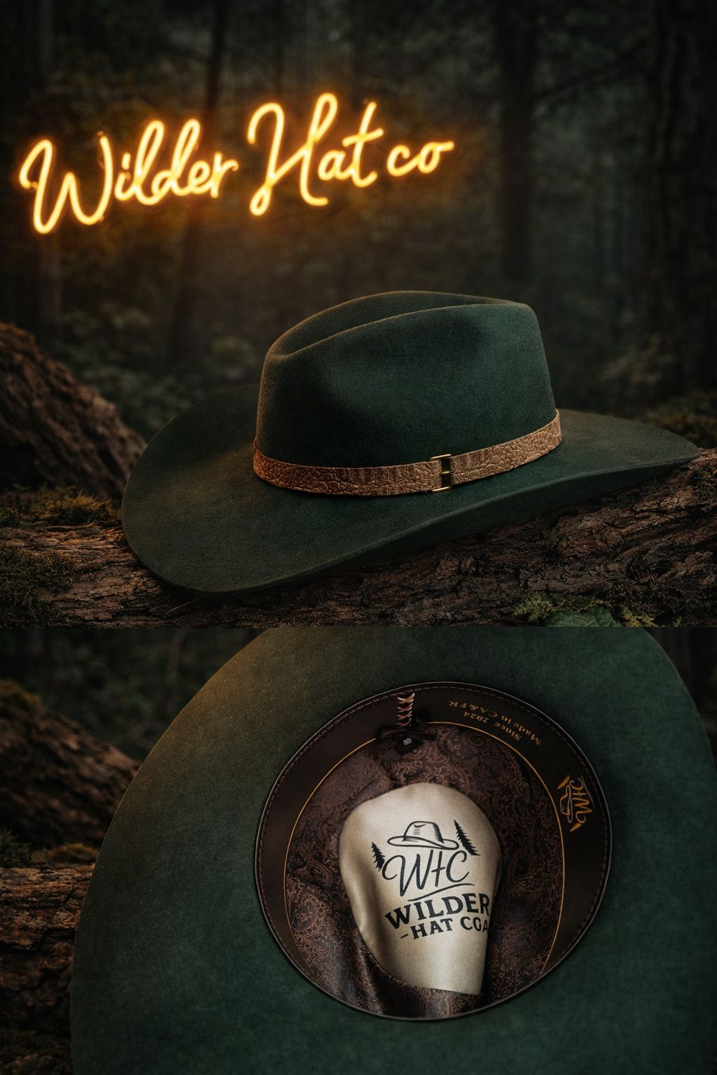 Chapeau en laine Ironwood Reserve de Wilder Hat Co, vue de face avec bande en tissu et logo brodé, style classique et élégant.