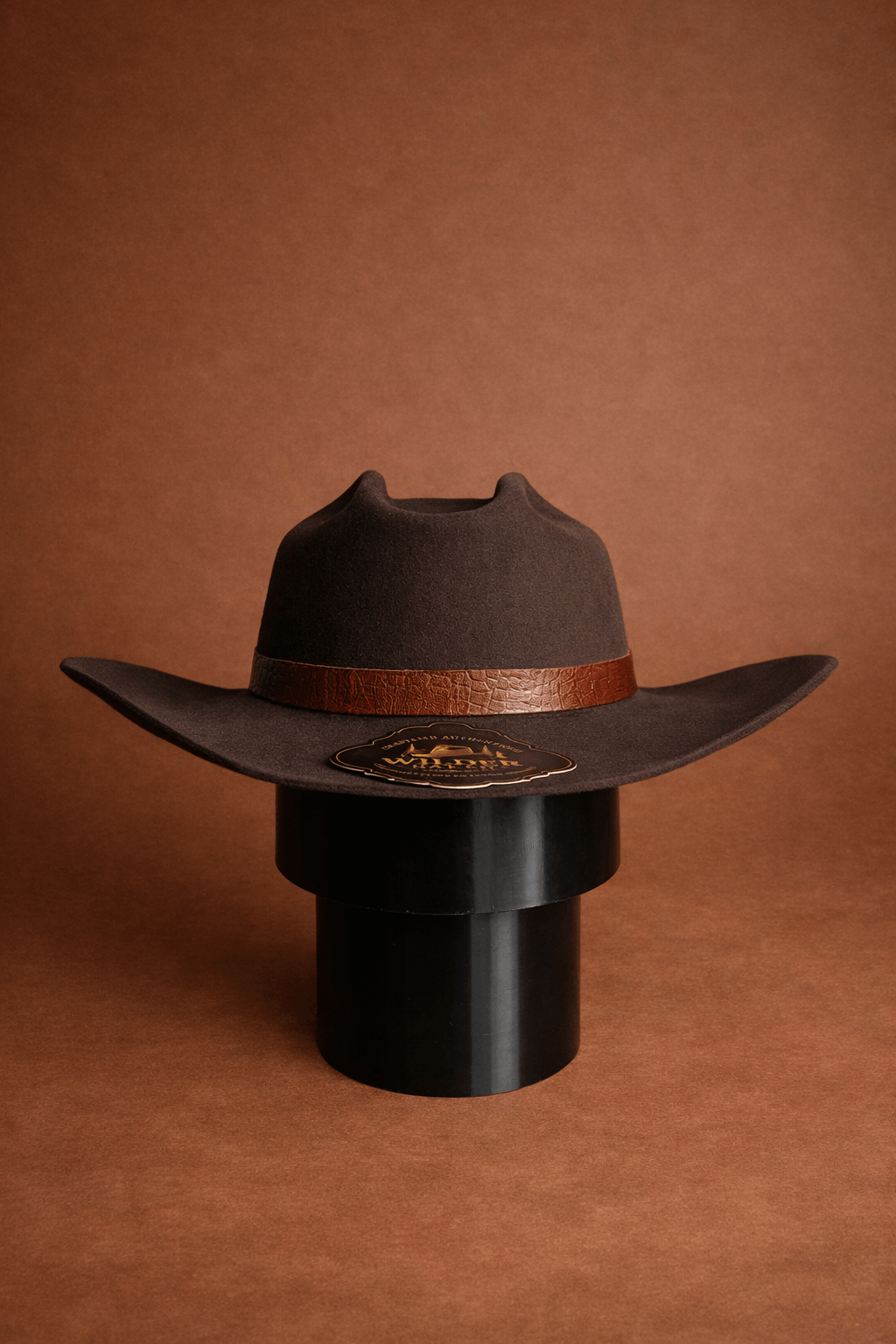 Chapeau en feutre Wilder Hat Co Ironwood Reserve, style élégant et classique, vue frontale avec bande en cuir beige.