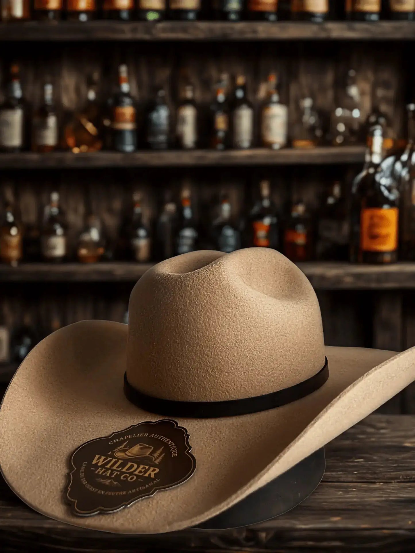 Chapeau Sahara Storm 9X de Wilder Hat Co, élégant et robuste, en tissu beige avec bande noire, vue de face.
