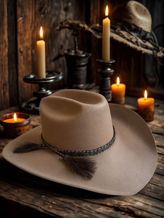 Chapeau Wilder Hat Co, modèle Whispering Plains, en paille beige avec bande noire, porté par un mannequin.