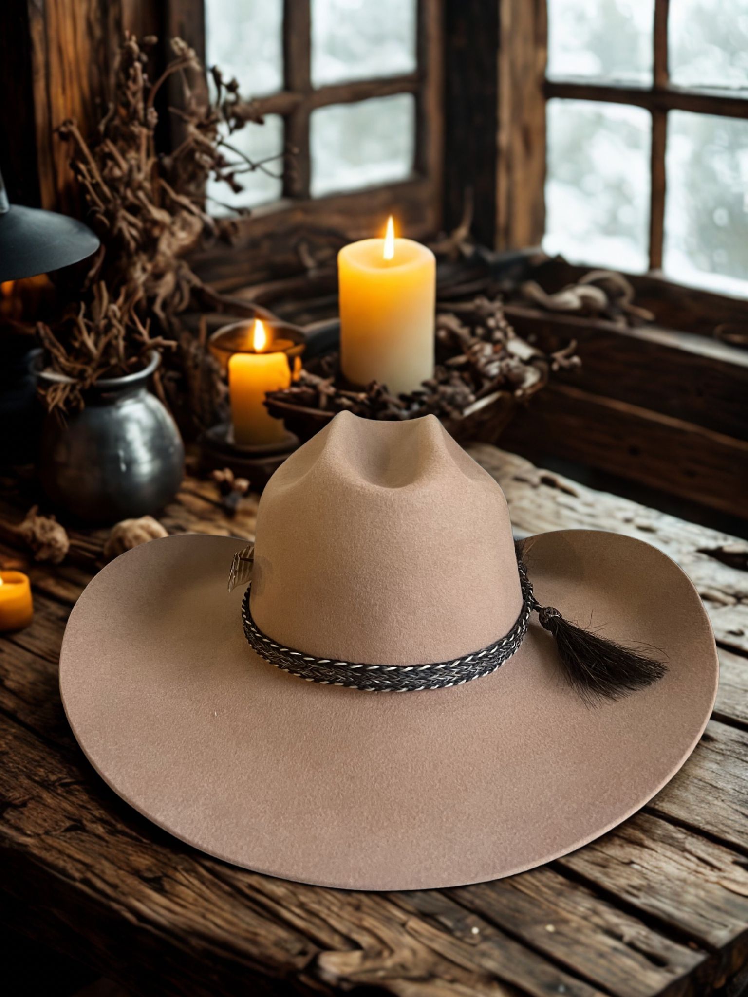 Chapeau Wilder Hat Co The Whispering Plains en feutre beige avec bande noire, vue de face.