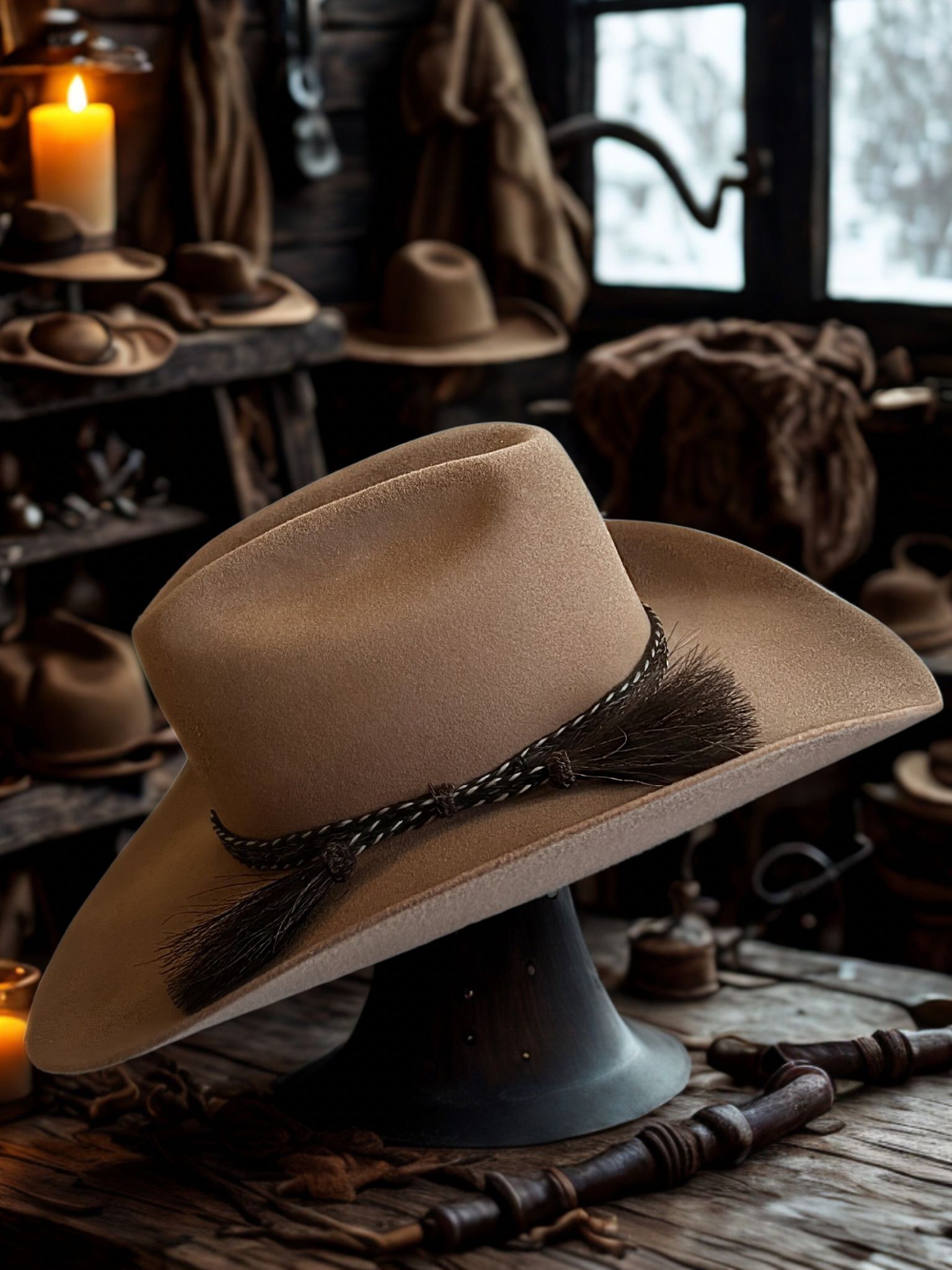 Chapeau Wilder Hat Co The Whispering Plains, style rustique avec bande en cuir et finition tissée, porté sur un mannequin en plein air
