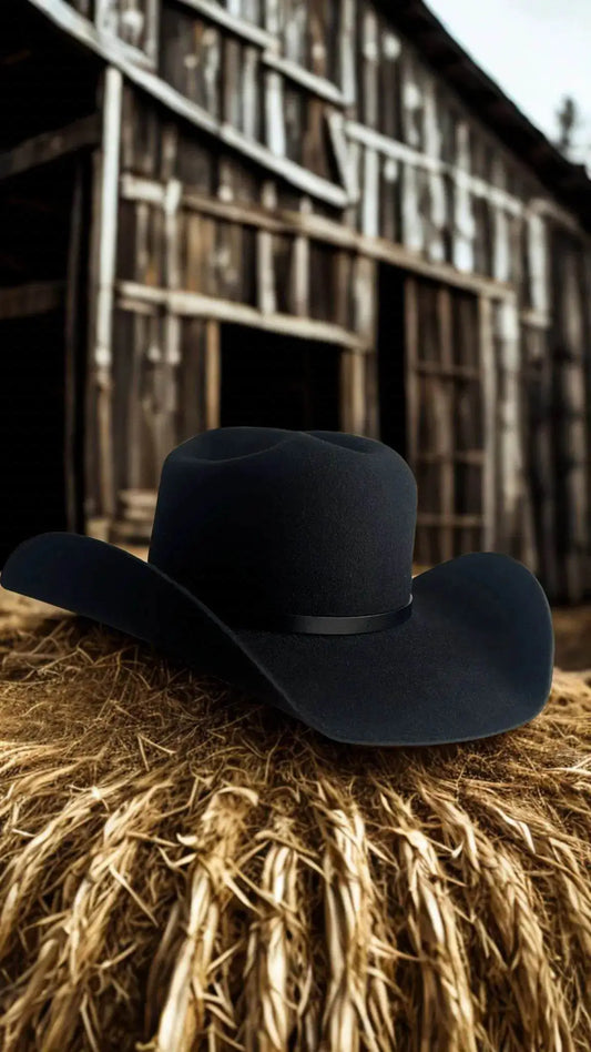 Chapeau noir Wilder Shop de la marque Wilder Hat Co, style classique avec ceinture, taille 55 cm, en feutre robuste.